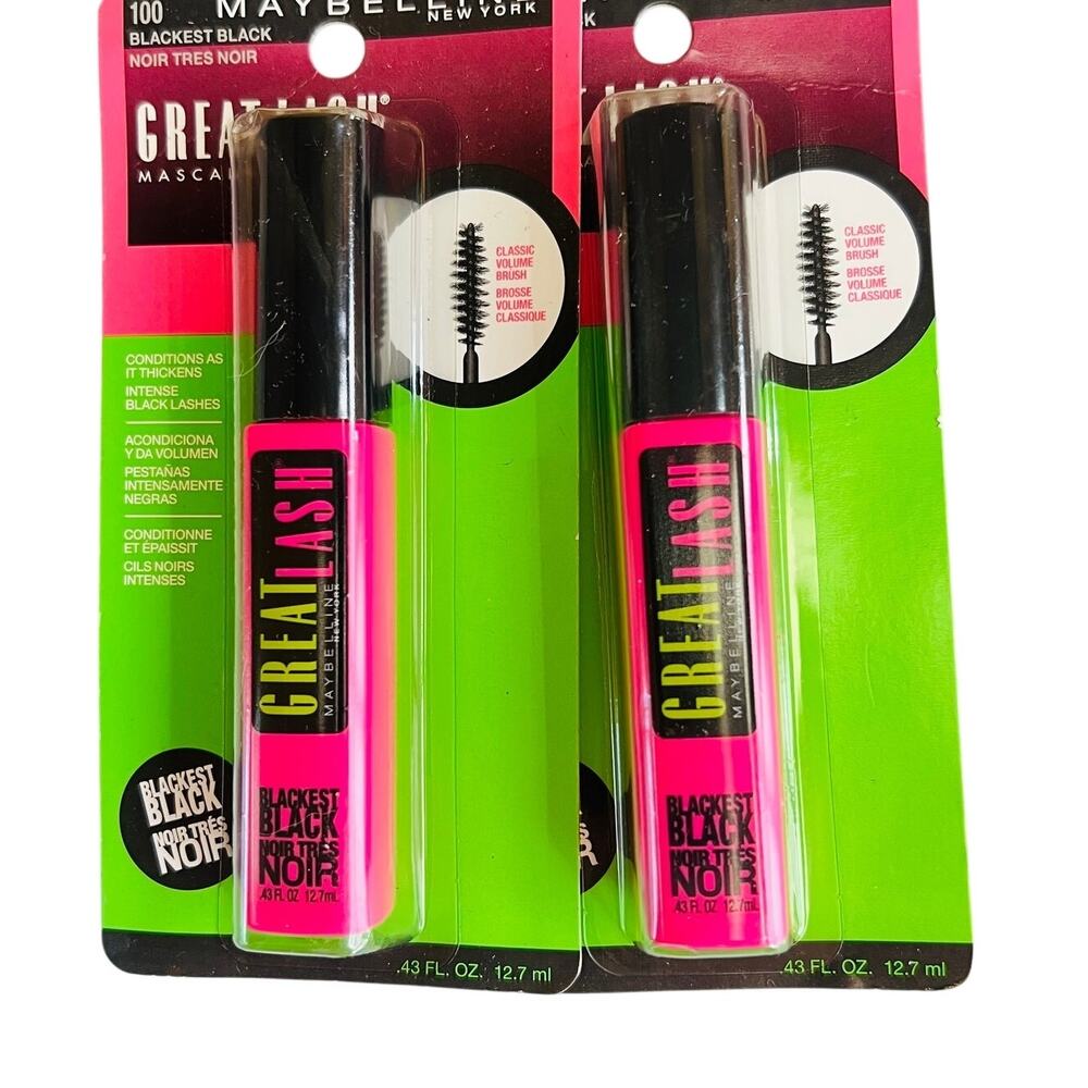 MAYBELLINE 2 Pack Great Lash Mascara  100 Blackest Black 4.3 fl. oz. NIB